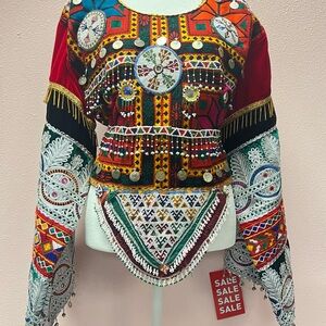 Embroidered Beaded Festival Top in Red & Multicolor